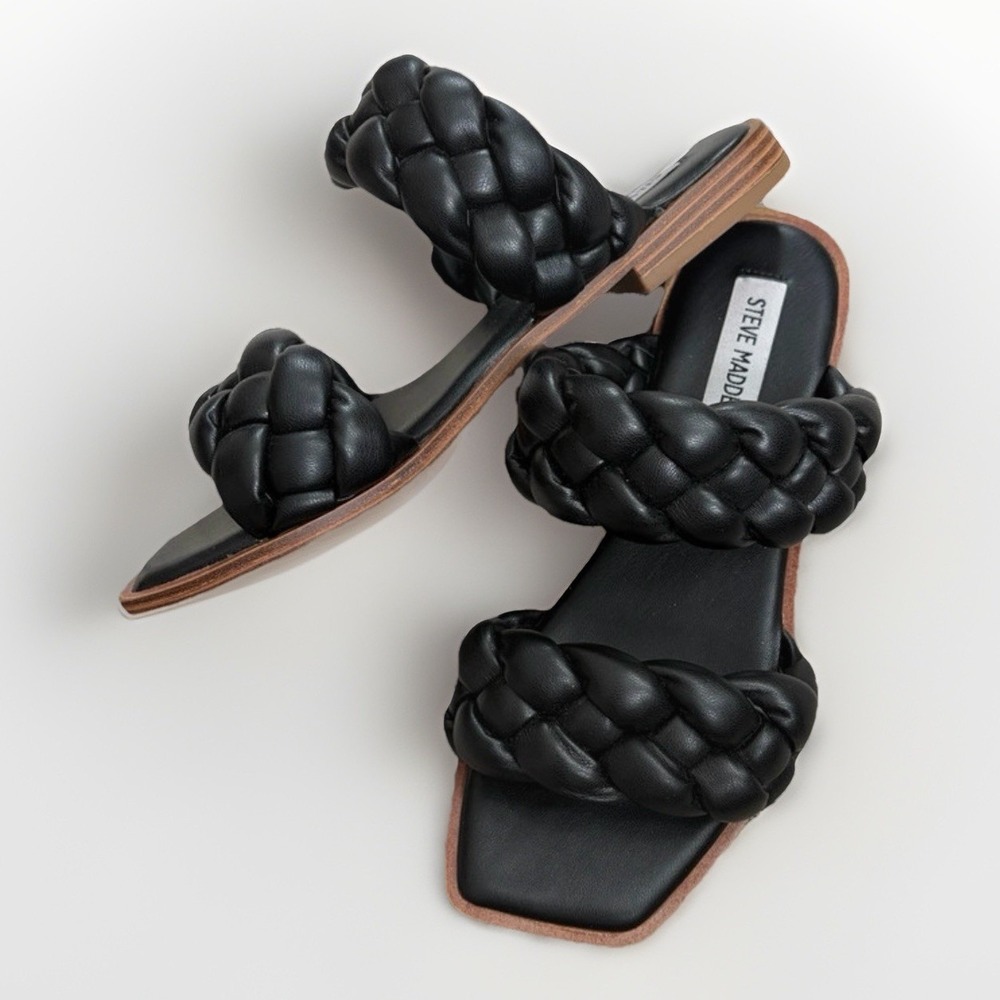 Steve Madden Black Braided Flats Sandals Size 6.5 Square Toe Open Slides Vegan